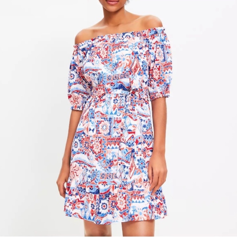 LOFT Scribble Ruffle off the Shoulder Dress red white Blue White Mexican inspire